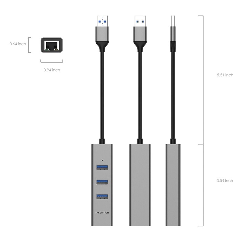 LENTION 3-Port USB 3.0 Hub z gigabitowym sieć Ethernet RJ45 Adapter LAN kompatybilny dla Air/Pro, typ A laptopy