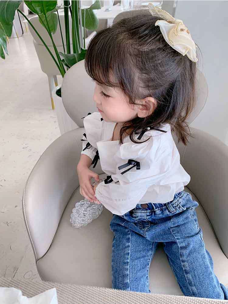 Dla dzieci słodkie łuk-węzeł koszula na jesień, dla dziewczyny koszula z długim rękawem dzieci w wieku 3-8 lat odzież