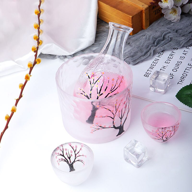 Botella de Sake esmerilada con huella dactilar, juego de vidrio de estilo japonés pintado a mano, Sake de flores de ciruela, incluye vino