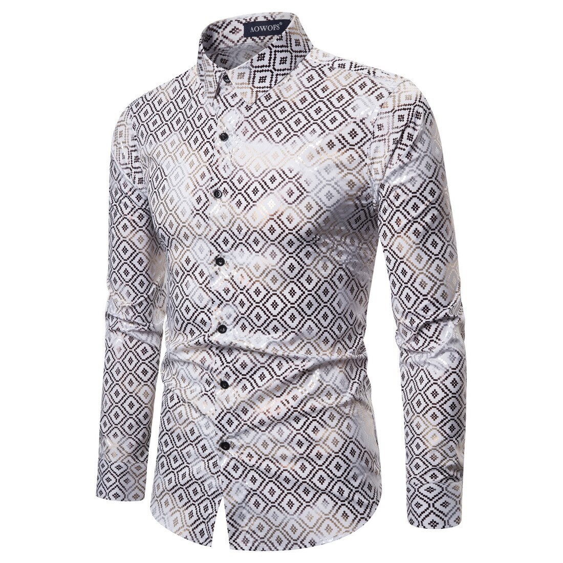 Chemise à manches longues pour homme, petit motif à carreaux, imprimé or, extensible, printemps