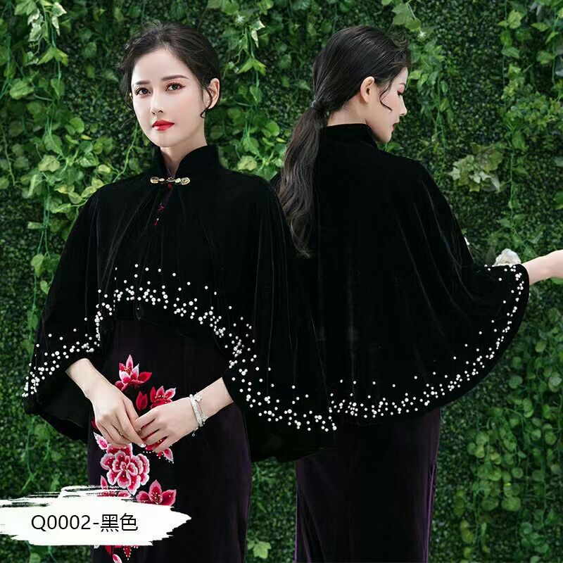 Capa de terciopelo para vestido de madre, chal negro para boda, con perlas