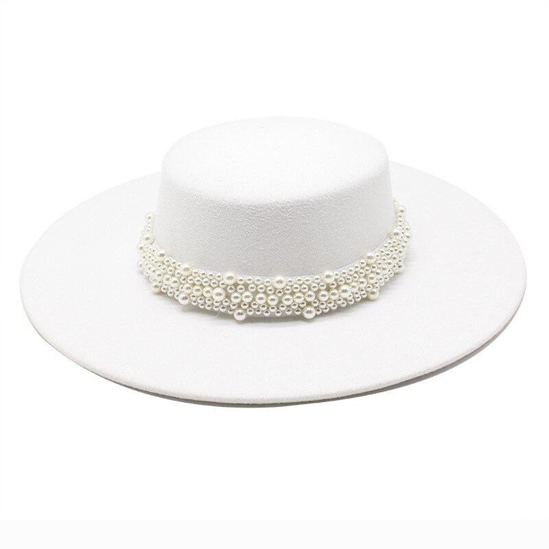 Gorro con lazo redondo para mujer, sombrero de ala ancha con perla y cadena, sombrero de playa, imagen , novedad, primavera y otoño: Blanco
