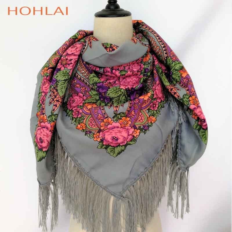 Vrouwen hart bedrukte kwast sjaals, russische grote maten bandana, warme poncho, stola sjaal: Grijs