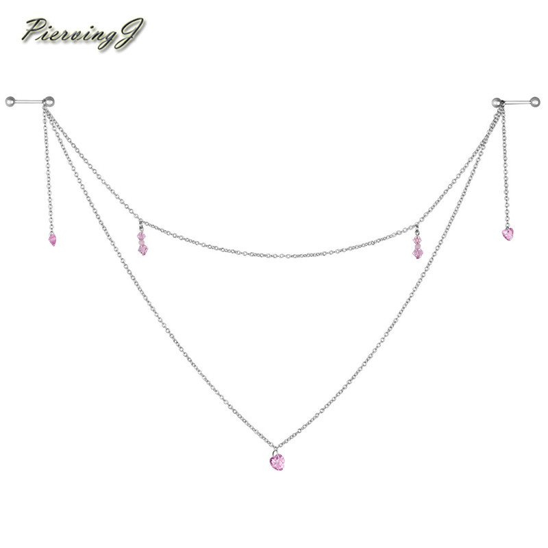 PiercingJ Pink Hearts Handcrafted Dangle Nipple Rings Nipple Chain Barbell 14G 5/8" Body Piercing Nipplerings Women