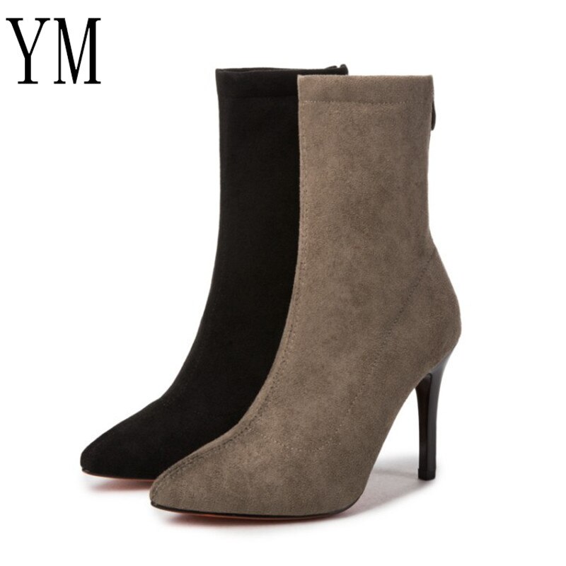 Dam sock boots spetsiga tå elastiska hög slip on häl hög ankel pumps stilett botas mujer höga boots zapatos muje