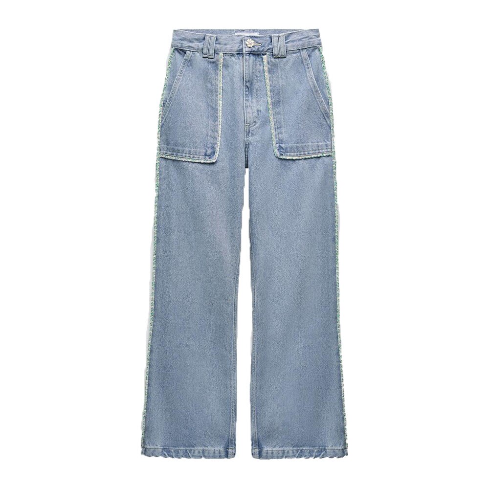 Voorjaar Vrouwen Mode Retro Alle-Wedstrijd Hoge Taille Dunne Losse Ongedwongen Pocket Wijde Pijpen Contrast Stiksels jeans: XS