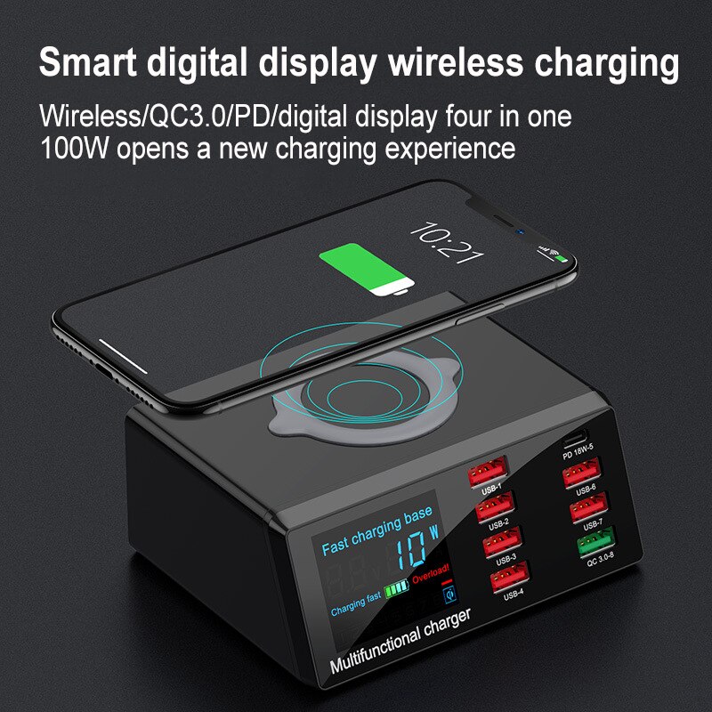 SmartC6 - Snel Lader 40W USB-laadstation Met Digitale LED Display Oplaad Hub Met 8 Poorten Wit
