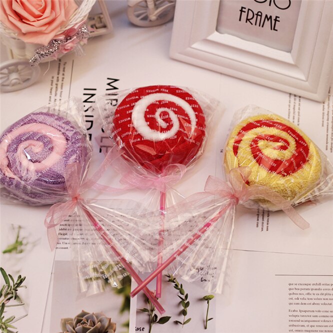 Toalla de algodón para pastel de piruleta, dulces de colores, , toalla encantadora para guardería, de cumpleaños y boda, 20 unids/lote