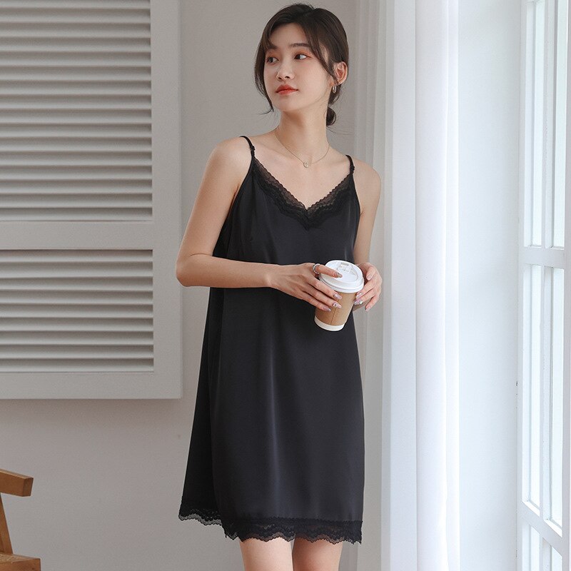 die Seide Satin- Strumpf Unterrock für Kleider frauen innere Felsen Spitze Mitte Länge Weste Bodenbildung Petticoat Unterhose Kleid V Nacken verlieren: Schwarz