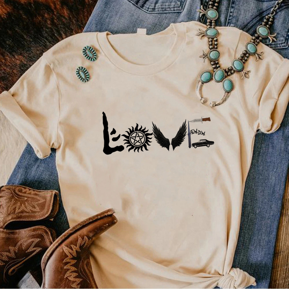 Camiseta sobrenatural para mujer, top japonés de cómic, ropa harajuku femenina: L / Beige