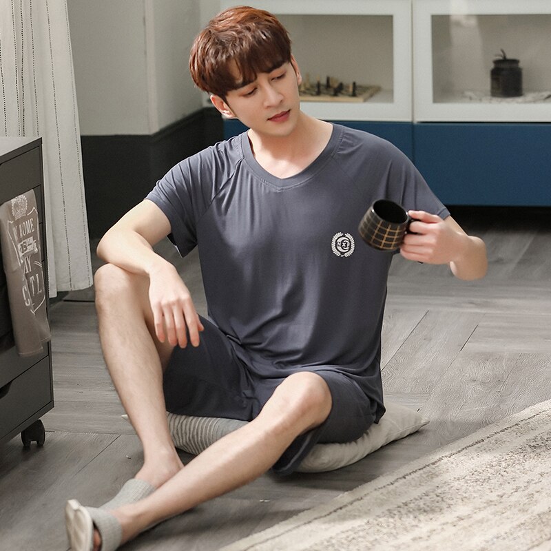 SONG Summer Men's Modal Pajama Sets Short Sleeve Solid Color Young Thin Ice Silk Home Wear Or Sporting Casual Pyjamas