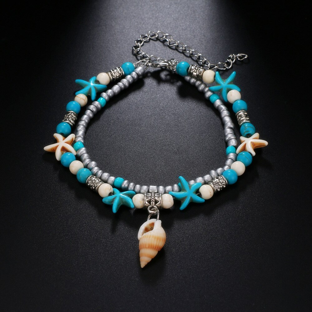Tobilleras de Cuentas de concha bohemias para mujer, pulsera de tobillo con colgante de doble capa, para pierna, joyería para verano, Playa