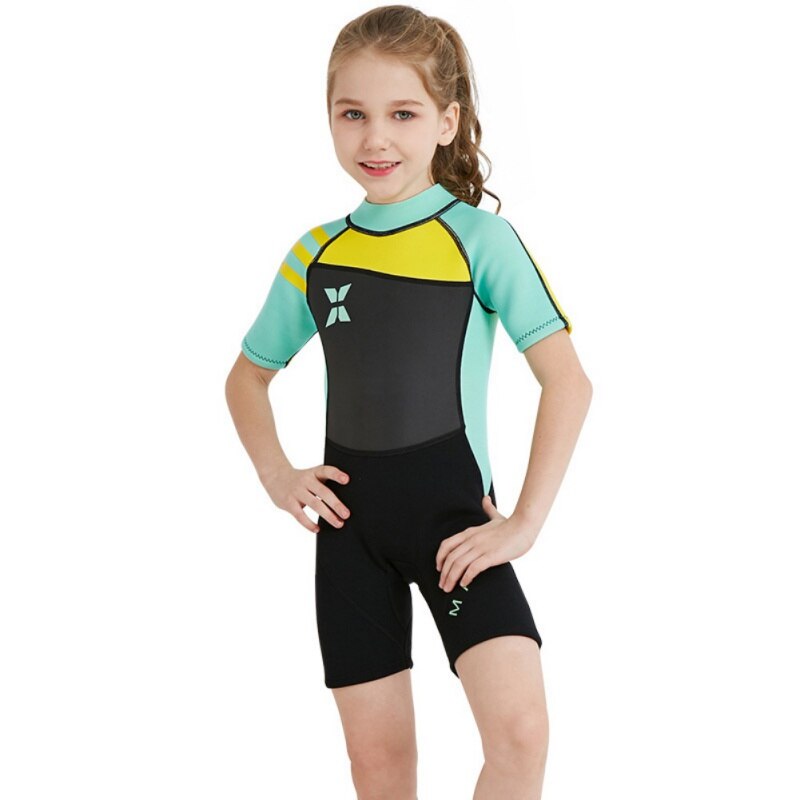 Kids Wetsuits Duiken Pakken voor Jongens Meisjes Kinderen Surfen Zwemmen Surfen Drifting Badpak Een Stuk Nat Pak Shorty Badpak: GRAY GREEN / S