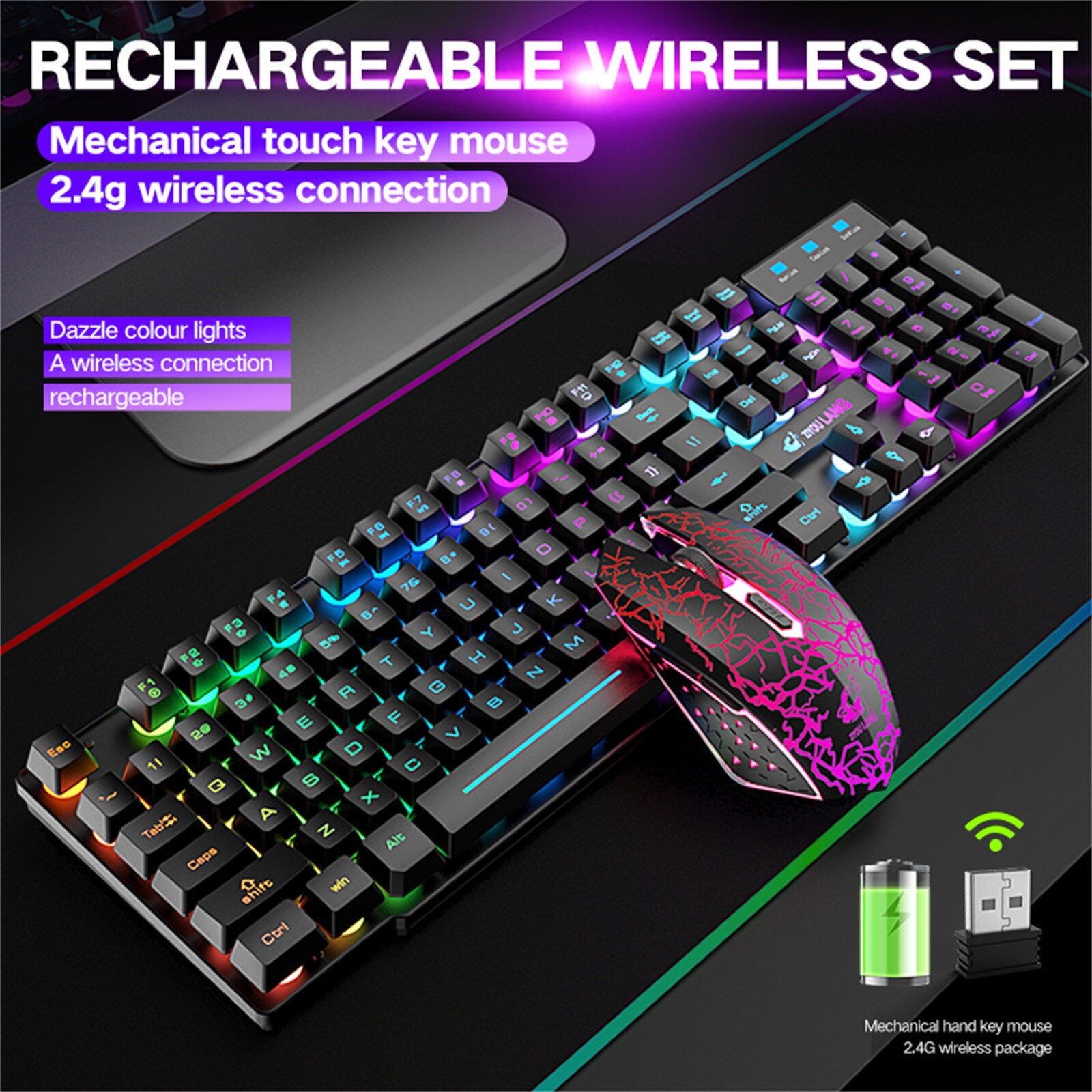 Wireless Gaming Keyboard and Mouse Combo with Rainbow LED Backlit Rechargeablle Switch Gaming Keyboard Detachable Cable #T2