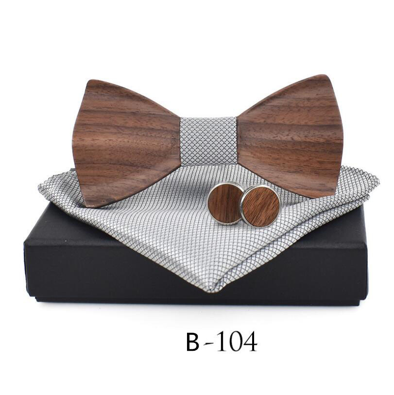 RBOCOTT pajarita de madera hecha a mano juego de gemelos y pañuelo pajarita 3D para hombres bolsillo de madera cuadrado con caja de para la boda de los hombres: B104