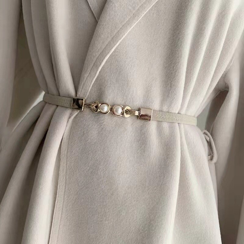 Cinturón de perlas para mujer, faja de cintura elástica con doble hebilla, , accesorios de ropa femenina: 4