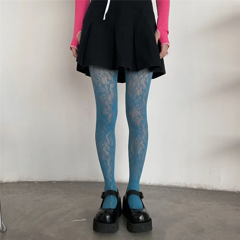 Medias florales estilo Punk para chicas dulces de Lolita, medias altas hasta el muslo coloridas, lencería Sexy para mujer, pantimedias de rejilla de malla caladas