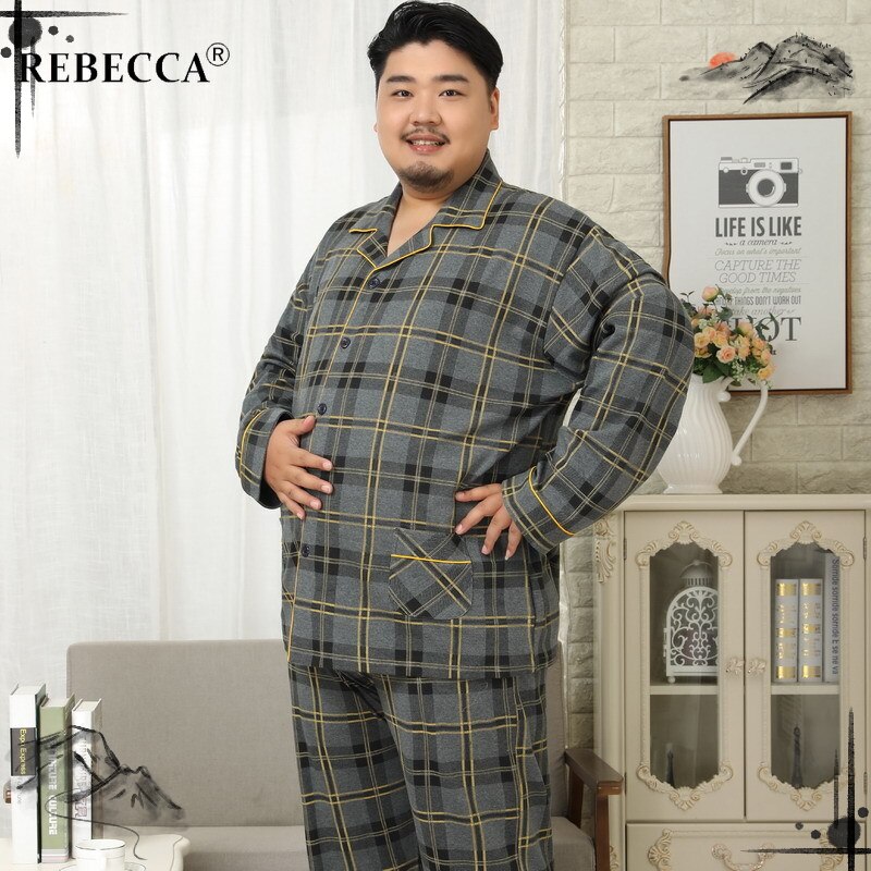 Autumn Men's Plus Fat Large Size Cotton Pajamas Set Male Fat Guy Lapel Long Sleeve Home Wear Pijama Suit Micro-elasticity 5XL