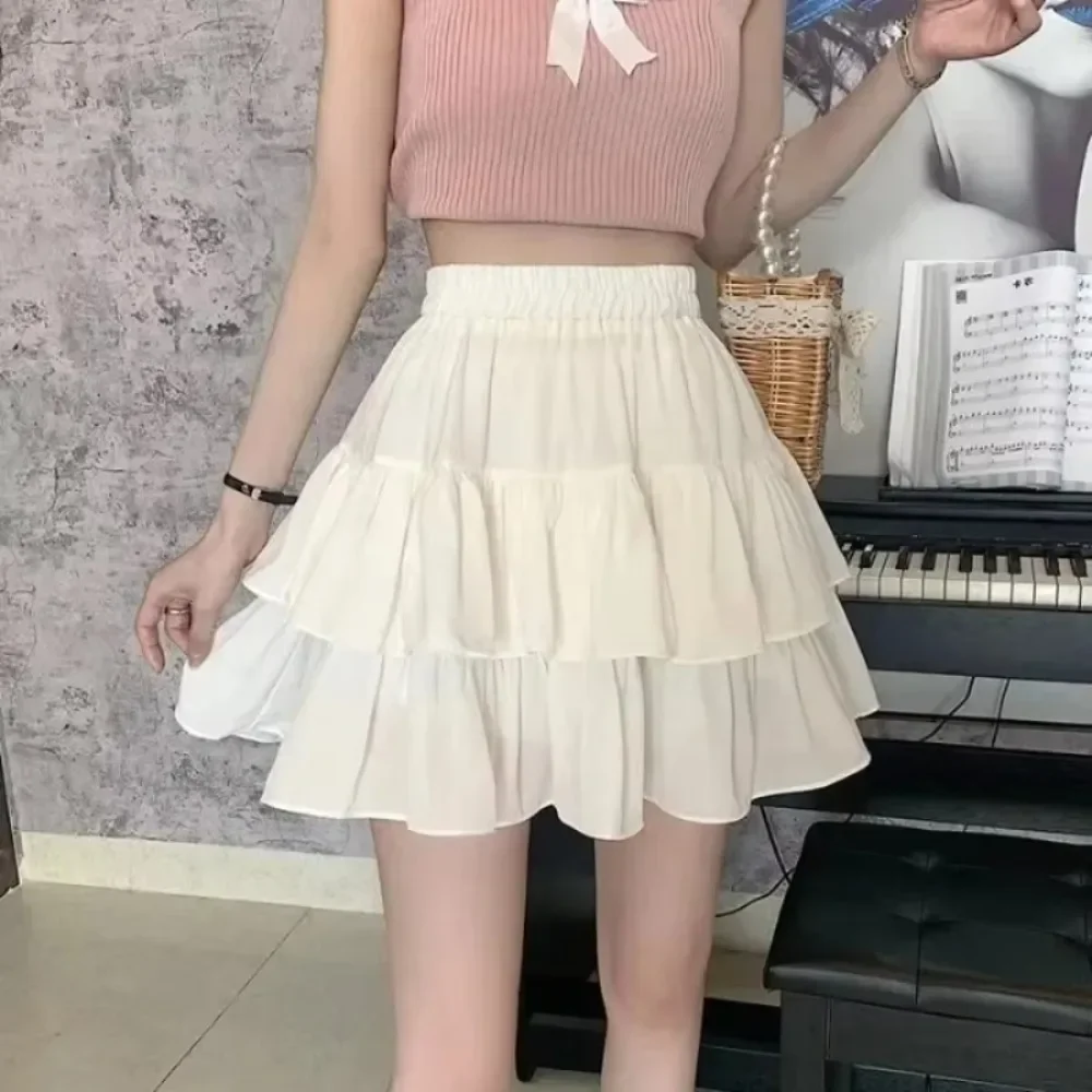 Sommer kawaii hvid flæsenederdel kvinder slim fit chiffon mini nederdele piger  y2k all match elastisk højtaljet sort faldas: Hvid