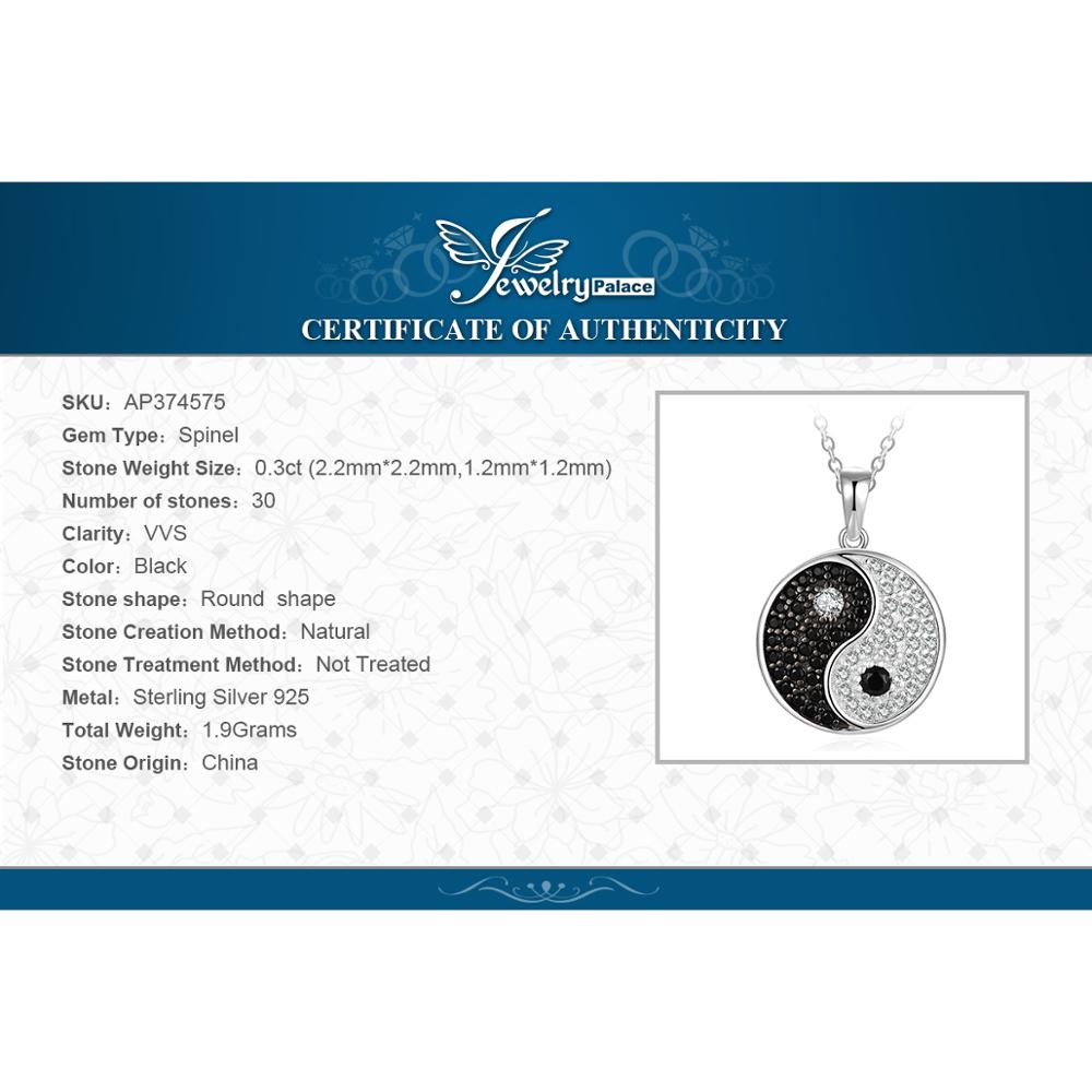 JewelryPalace – pendentif en argent Sterling 925 pour femmes, collier avec spinelle noire naturelle et pierres précieuses rondes, sans chaîne, Tai Chi Yin Yang