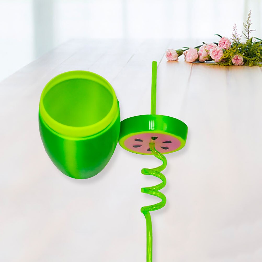 2 Sets Plastic Watermelon Cup Portable Cup with Straw (Green)