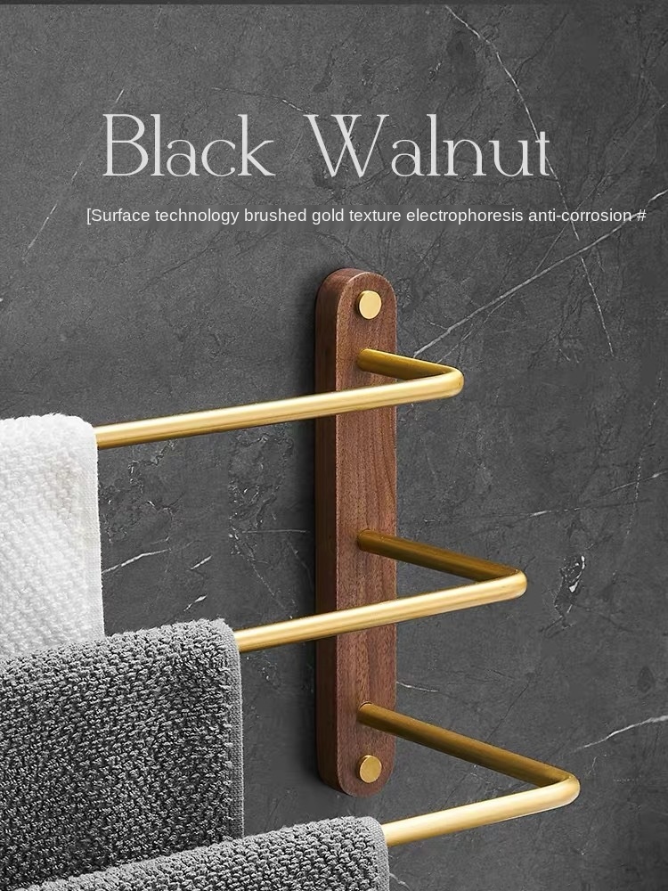 Black walnut bathroom towel hanger Bath towel rack multistory shelf wood towel rod aluminium alloy towel shelf brushed gold