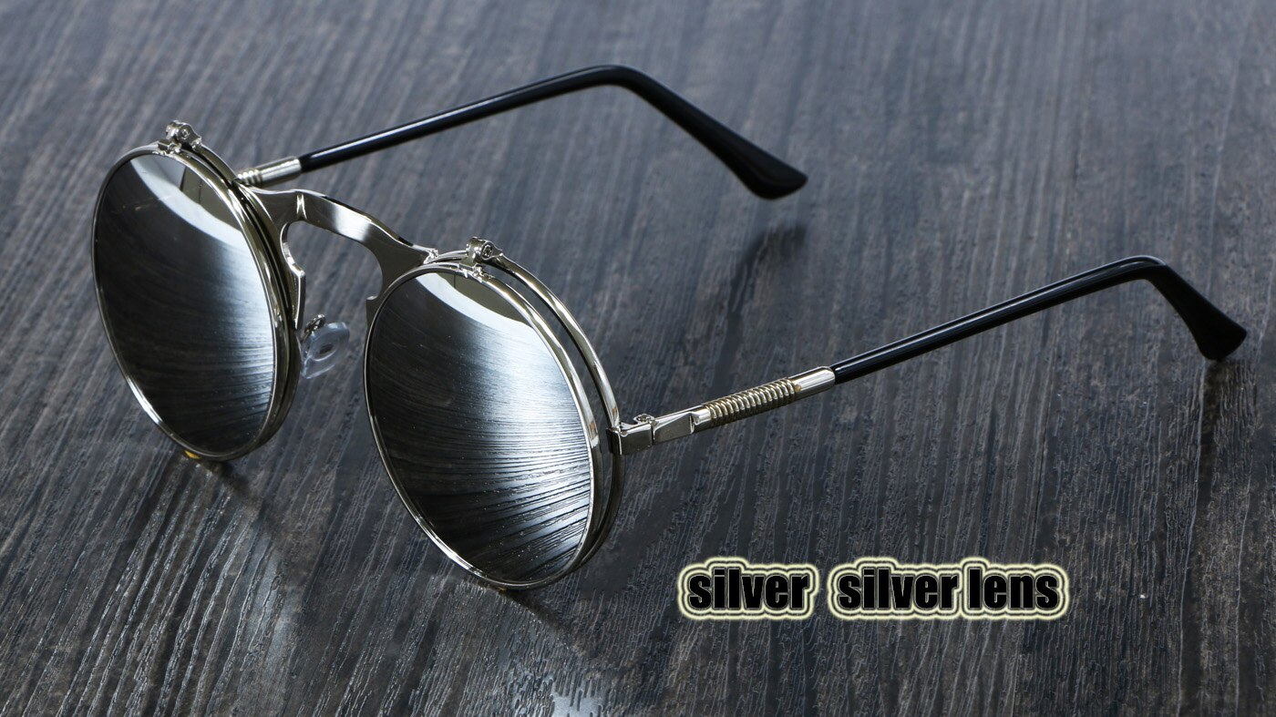 3057 steampunk solbriller rundt metal kvinder stil retro flip cirkulære dobbelt metal solbriller mænd cirkel solbriller: Sølv sølv