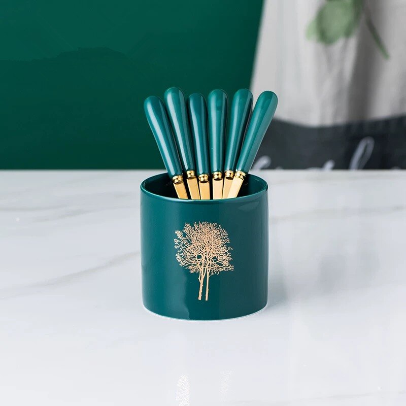 Nordic Ceramic Stainless Steel Fruit Fork Storage Tube Dessert Fork Cake Fork Fruit Fork Storage Pot Living Room Fruit Fork Set: 6 forks pot 4