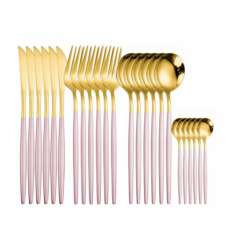 24 pçs conjunto de talheres de ouro 18/10 talheres de aço inoxidável conjunto faca garfo colher conjunto de utensílios de mesa máquina de lavar louça louça segura conjunto caixa de presente