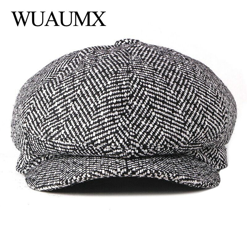 Wuaumx Newsboy Caps Men Women Tweed Octagonal Hat Eight-blade Cap Detective Hats Autumn Winter Herringbone Flat Caps chapeau