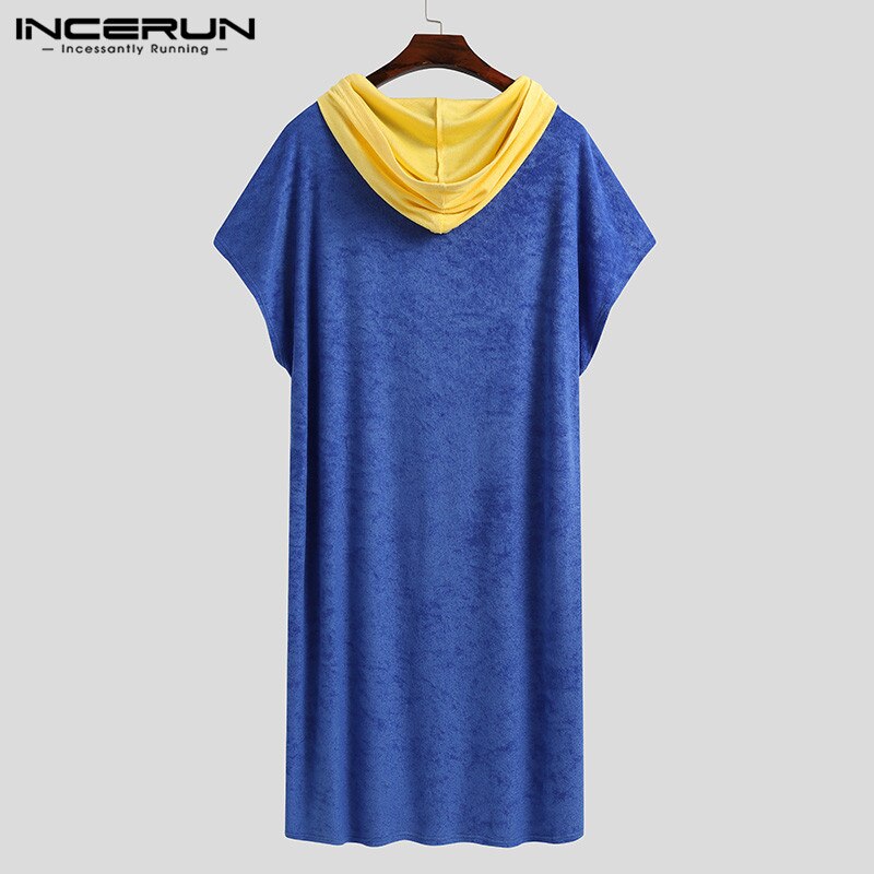 Men Patchwork Bathrobes Casual Hooded Short Sleeve Nightgown INCERUN Man Loose Colorful Stitching Comfortable Sleep Robes S-5XL