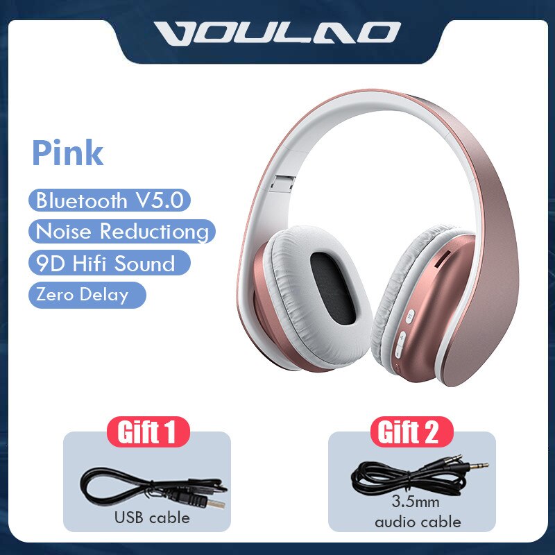 Bluetooth 5.0 hovedtelefoner foldablel 9d bas stereo trådløs øretelefon støjreduktion gaming headset mikrofon  mp3 til mobil pc: Lyserød