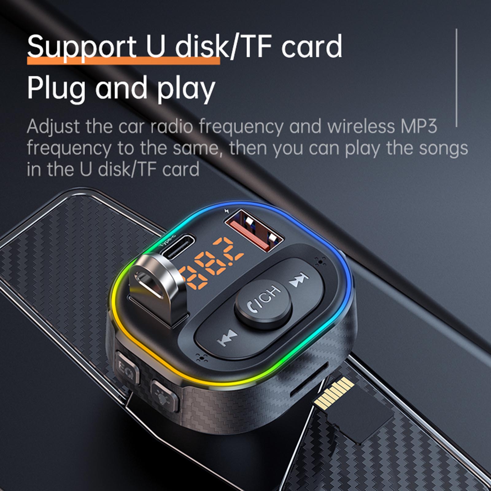 LED Backlit Bluetooth-compatible FM Transmitter Car MP3 USB+Type C 5V Charger Compatible with 12-24V Vehicles Durable