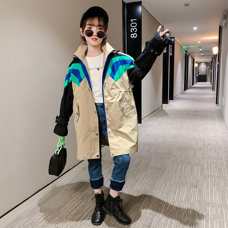 Prochowce dla dziewczyn nastolatek wiatrówka jesień długi, z kapturem płaszcze dla dzieci odzież dla dzieci mody ubrania dla dzieci stroje 8 10 14 lat