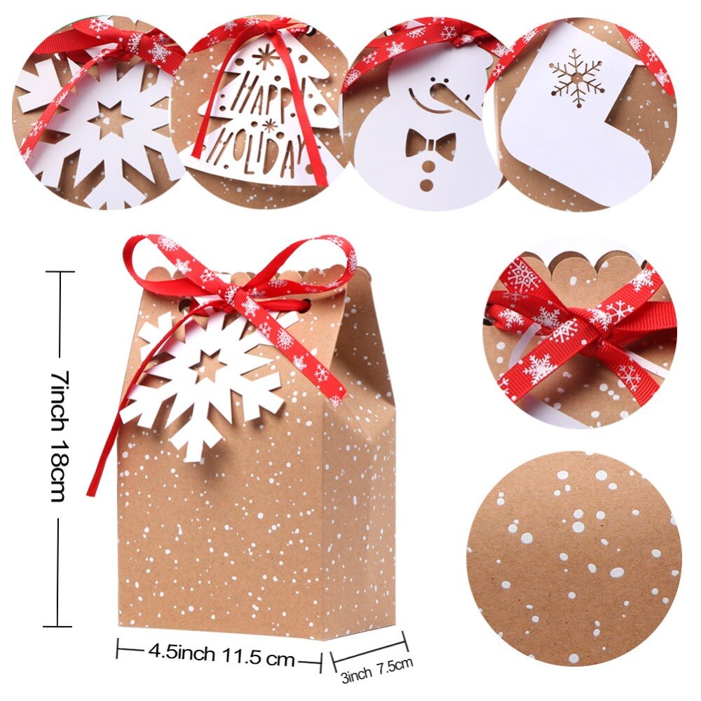 OurWarm 12pcs Kraft Paper Christmas Box Candy Bags Christmas Party Supplies Packing Box Year Bags