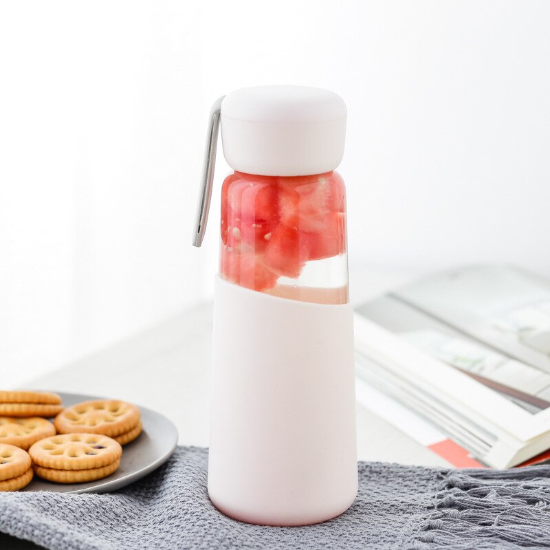 400ml Korean Women Glass Water Bottle with Silicone Cover Students School Drink Bottles Outdoor Portable Rope: pink