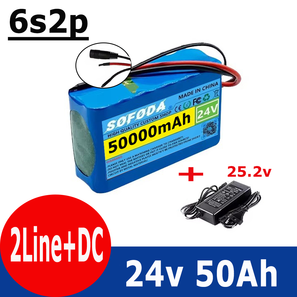 Batterie Lithium-ion 6s2p 24V 50Ah 18650 Batterie Lithium-ion 25.2v 50000mAh avec BMS + chargeur: green