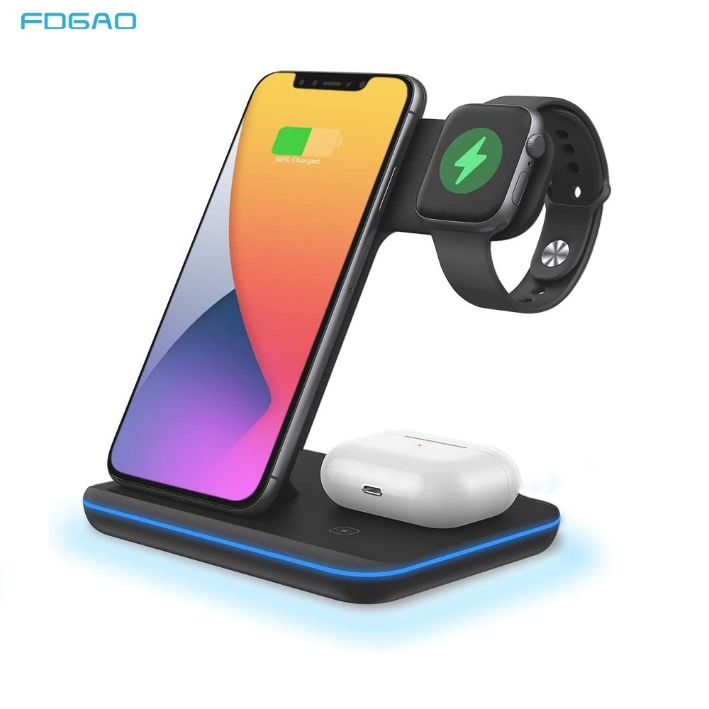 Fdgao 15w 3 em 1 qi carregador sem fio para apple watch 6 5 4 3 2 airpods pro para iphone 11 xs max xr x 8 carga rápida doca estação