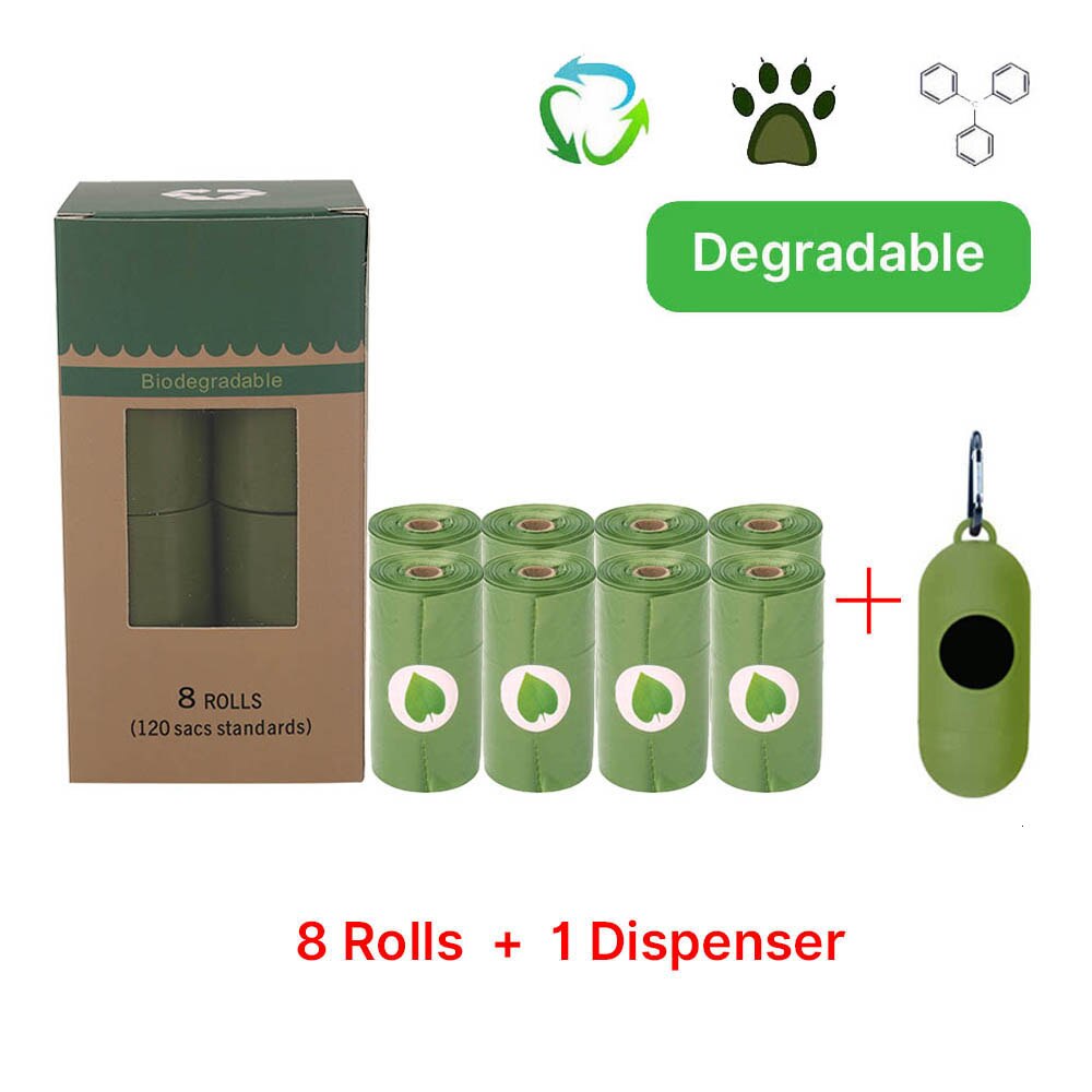 Biologisk nedbrydelige hundepokposer miljøvenlig kæledyrsaffaldsdispenser udendørs transportør kæledyrspokeposer tilbehør til hundevandring: 8 ruller grøn