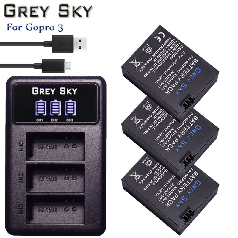 3Pcs 1600Mah Hero 3 Gopro Hero3 Batterij Vervanging + Led Dual Usb Charger Voor Gopro Go Pro Hero 3 3 + Camera: charger and 3battery