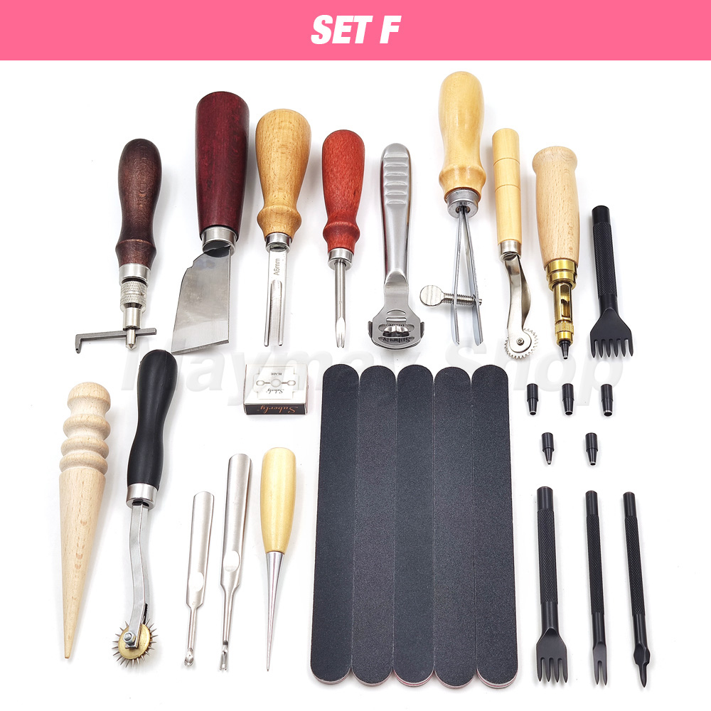 Pine Wood Leathercraft Hand Stitching Clamp Leathercraft Tool Set Kits Leather Punching Carving Saddle Groover Tools Storage DIY: SET F