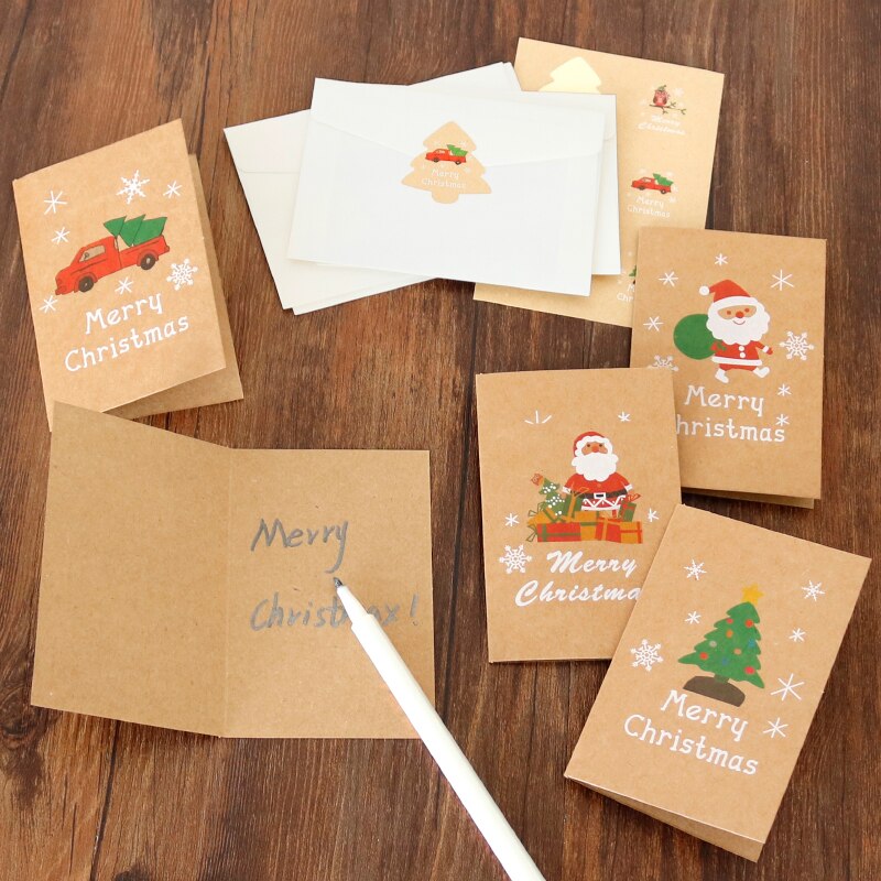 6Sets Kraft Kaarten Vrolijk Chritmas Wenskaarten Nieuwjaar Met Envelop En Xmas Tree Stickers Leuke Ontwerpen