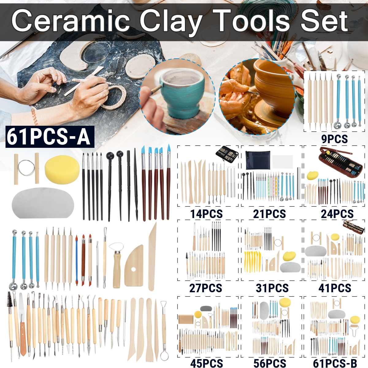 61PCS Ceramic Clay Tools Set Polymer Clay Tools Pottery Tools Set Wooden Pottery Sculpting Clay Cleaning Tool Set tool sculpture