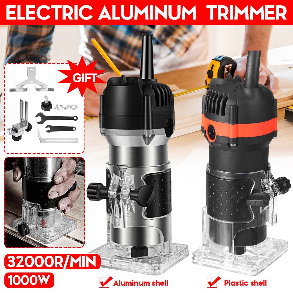 32000r/min 1000W Woodworking Electric Trimmer Wood Milling Engraving Slotting Trimming Machine Hand Carving Router