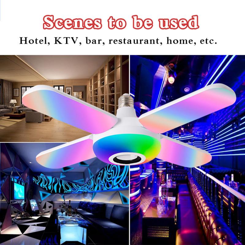 💡50W E27 Rgb Smart Bluetooth Muziek Plafondlamp Led 4 Bladeren Vervormd Gloeilamp Led Fan Garage Licht Vouwen lamp