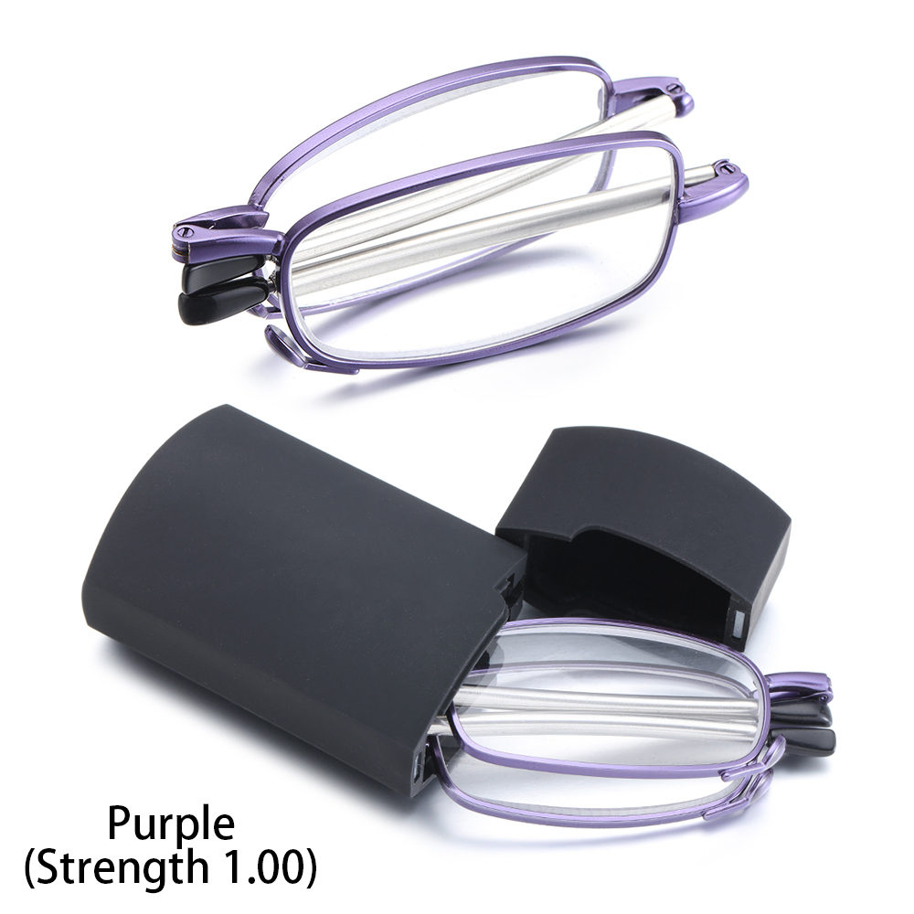 Men Women MINI Reading Glasses Folding Small Glasses Frame Black Metal Glasses Includes Original Case +1.0-4.0: Purple(Strength1.00