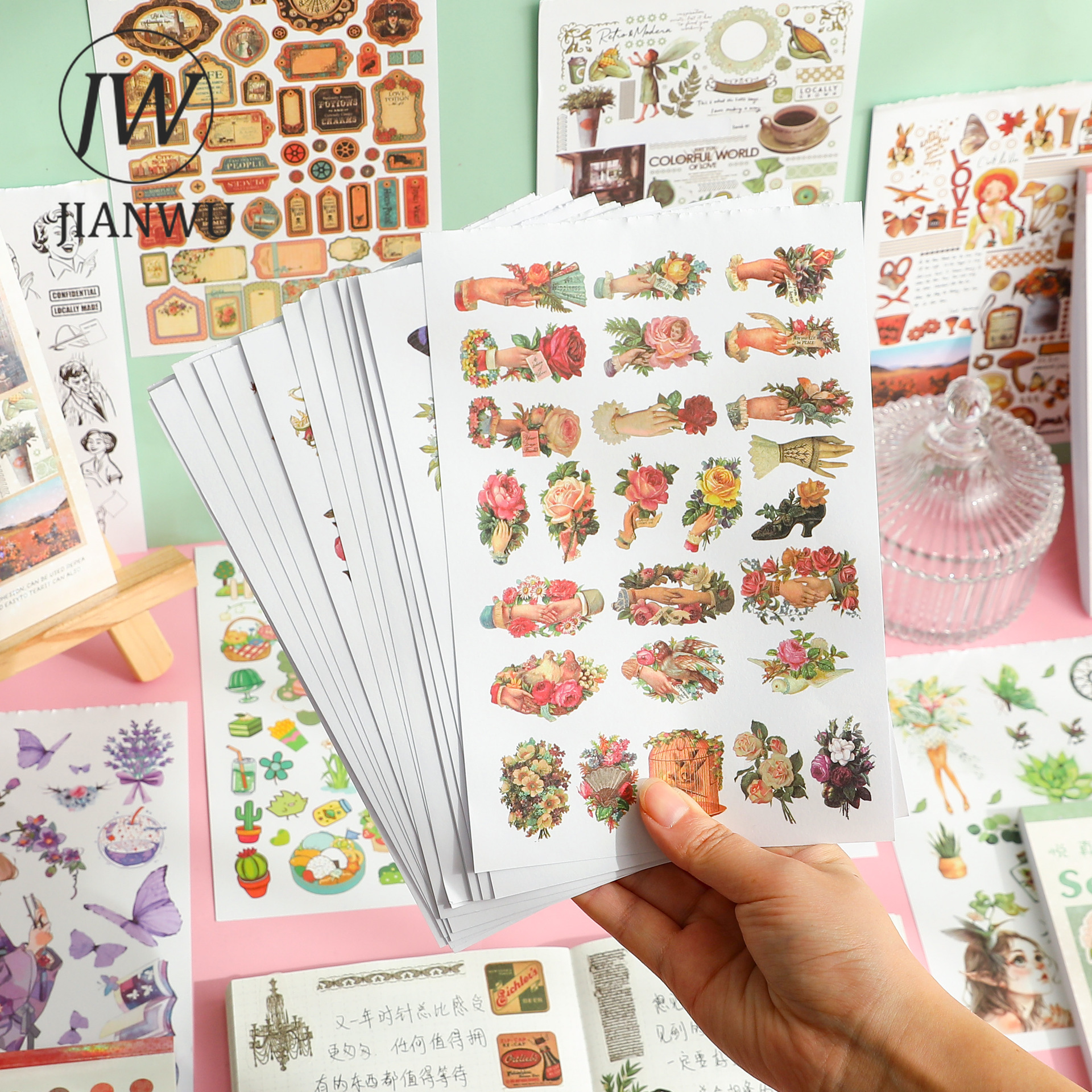 JIANWU 50 Pcs Retro Cute Cartoon Journal Stickers DIY Scrapbooking Decorative Collage Material Diary Stickers Kawaii Stationery