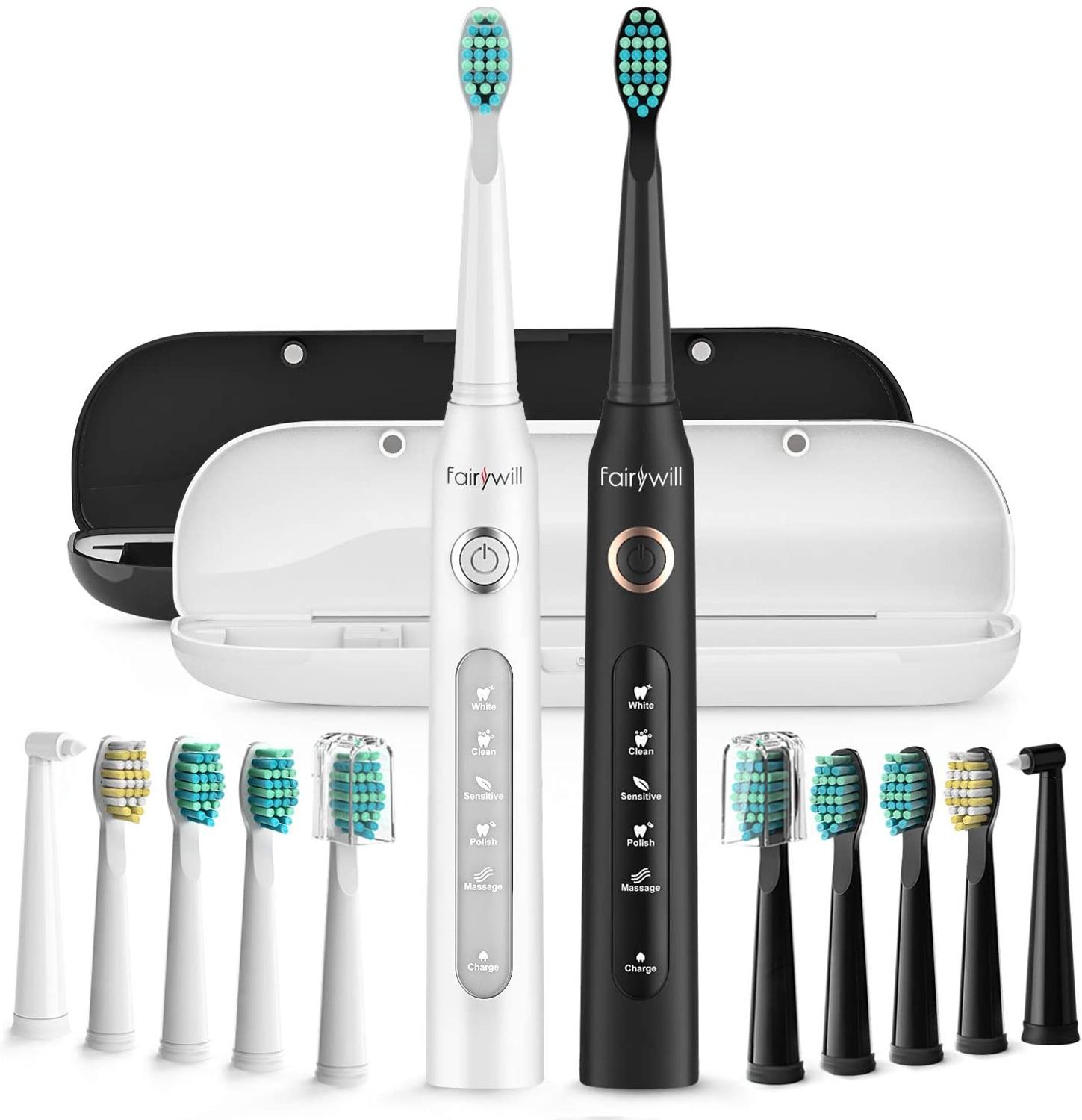 Fairywill Electric Sonic Toothbrush FW-507 Rechargeable USB Charge Waterproof Electronic Tooth 8 Brushes Replacement Heads Adult: FW-507-420-BW-Set