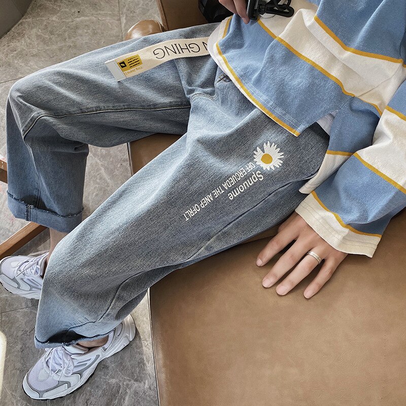 Jeans mænds løse lige bukser printede afslappede bukser ensfarvet all-match komfortabel street hipster: Lyseblå / Xxxl