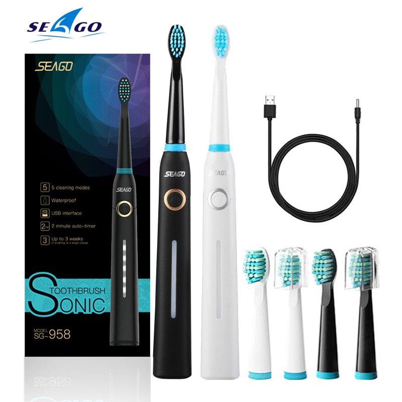 Seago sonic elektrisk tandbørste usb genopladelig med voksne 5 udskiftningshoveder til sort hurtig start timer tandbørste